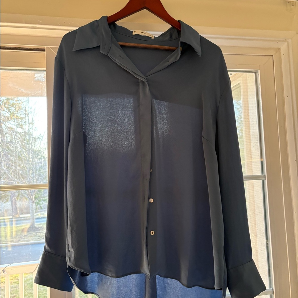 Mango Blue Satin Button-Up Blouse